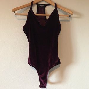 Dark red velvet thong bodysuit
